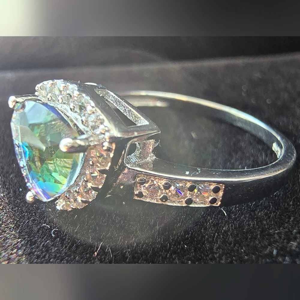 Mystic Topaz Rainbow Trilliant (Trillion) Cut 925 Sterling Silver Ring Pave